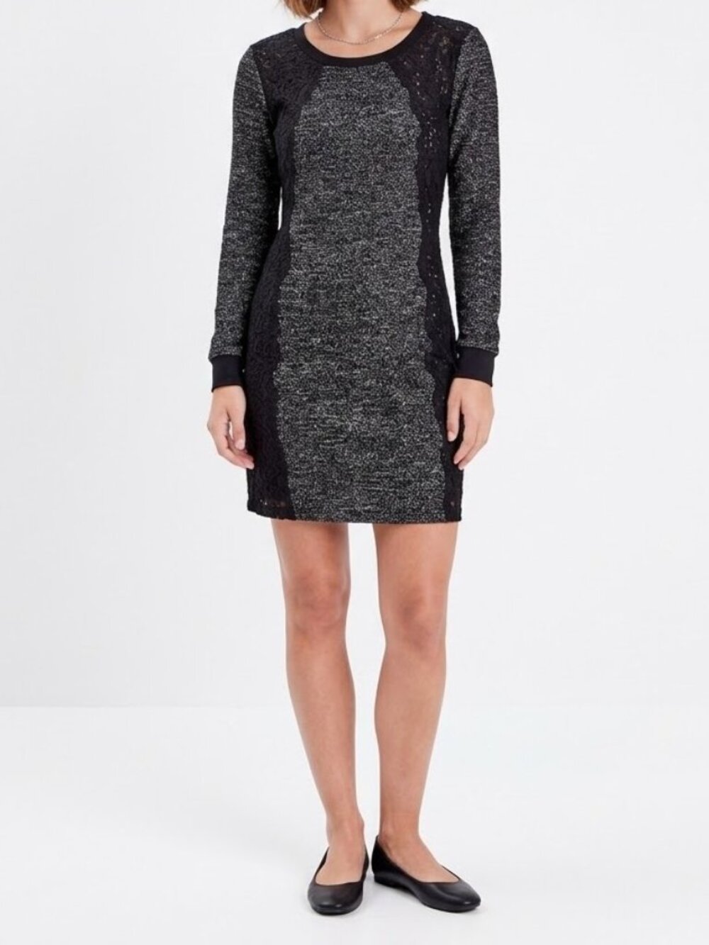Trixxi Black Silver Marled Knit Lace Side Panel Sweater Dress Small